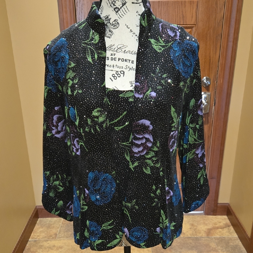 Alex Evenings Black Floral Sparle Jacket and Top Set
